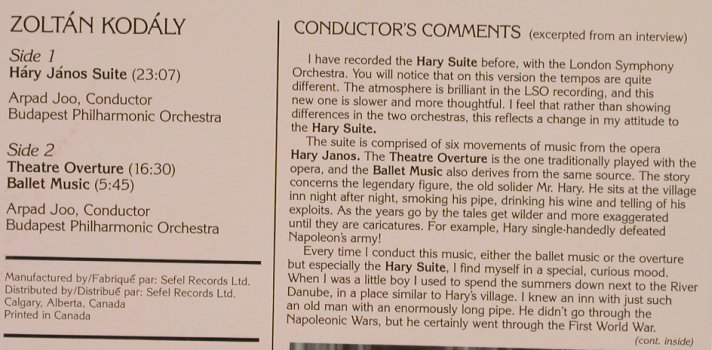 Kodaly,Zoltan: Hary Janos-Suite,Theater Overt..., Sefel Rec. (SEFD 5015), UK Typ: LP Best.-Nr.: L4530 Preis: 6,00 Euro