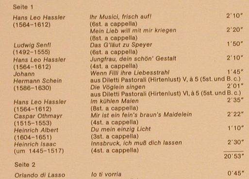 V.A.Ihr Musici,Frisch Auf: Madrigale,Villanellen und Chansons, Telefunken (6.41167 AN), D, Ri, 1965 Typ: LP Best.-Nr.: L4753 Preis: 5,00 Euro