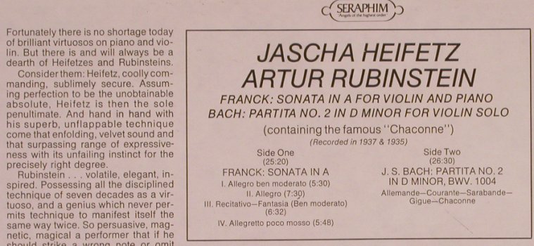 Heifetz,Jascha / Artur Rubinstein: Frank:Sonata in A for violin&piano, Seraphim/EMI (60 230), US Typ: LP Best.-Nr.: L4766 Preis: 14,00 Euro