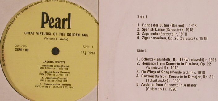 Heifetz,Jascha: Great Virtuosi of the Golden Age, Pearl(GEM 109), UK,vg+/vg+,  - LP - L4801 - 6,00 Euro