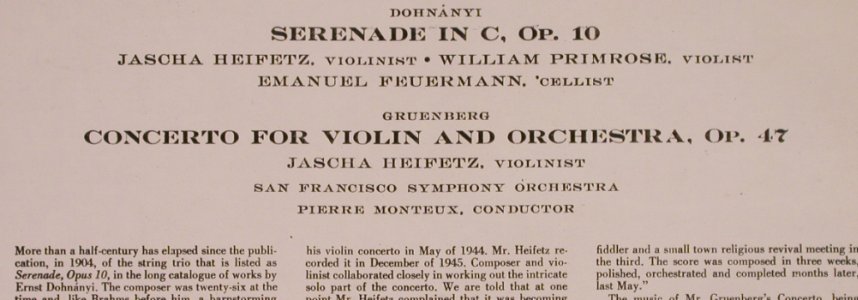 Heifetz,Jascha -Primrose/Feuermann: Dohnanyi,Serende in C / Grünberg, RCA Red Seal (LVT-1017), US Typ: LP Best.-Nr.: L4856 Preis: 9,00 Euro