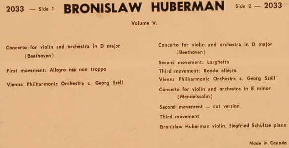 Huberman,Bronislaw: Volume 5 -Beethoven:Conc.f.Violin&O, Rococo Records (2033), CDN Typ: LP Best.-Nr.: L5003 Preis: 12,50 Euro