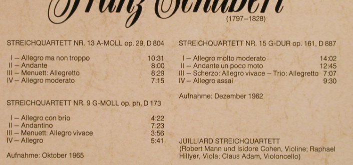 Schubert,Franz: Streichquartette Nr.9,13,15, Foc, CBS (CBS 78 250), NL, 1974 Typ: 2LP Best.-Nr.: L5041 Preis: 12,50 Euro
