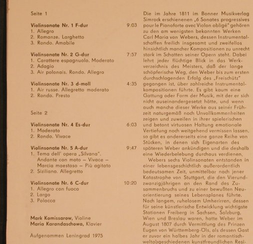 Weber,Carl Maria von: Die Violinsonaten, m-/VG+, Melodia Eterna(8 27 125), DDR, 1978 - LP - L5084 - 5,00 Euro