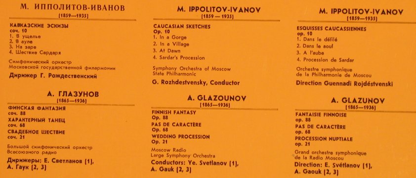 Ippolitov-Ivanov,M/Glazounov: Caucasian Sketches/Finnish Fantas., Melodia (C 0445-6), UDSSR Typ: LP Best.-Nr.: L5392 Preis: 12,50 Euro