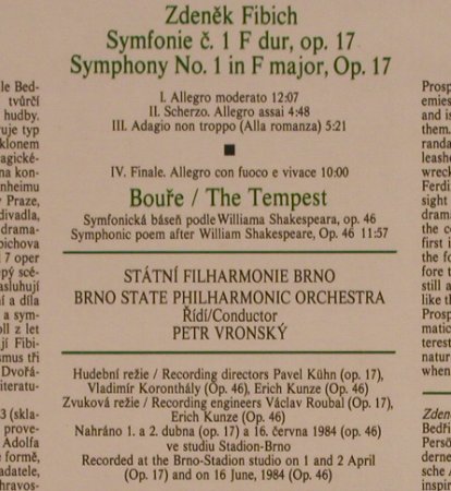 Fibich,Zdenek: Symphony No.1,Boure/The Tempest, Supraphon (1110 3637 G), CZ, 1985 Typ: LP Best.-Nr.: L5402 Preis: 9,00 Euro