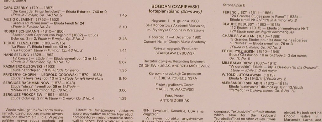 Czapiewaki,Bogdan: Antolologia etiudy fortepianowei, Wifon (LP-054), PL, 1988 Typ: LP Best.-Nr.: L5416 Preis: 9,00 Euro