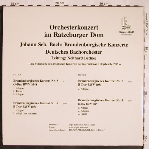 Bach,Johann Sebastian: Brandenburgische Konzerte,1058-1051, RDM / Teldec (140 685), D,Foc,Live Typ: LP Best.-Nr.: L5464 Preis: 6,00 Euro