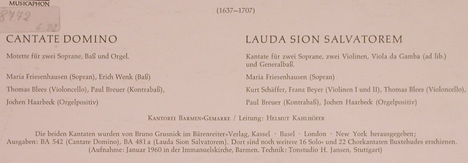 Buxtehude,Dietrich: Cantate Domino,Lauda Sion Salvatore, Bärenreiter-Musicaphon(BM 25 R 601), D, Mono,  - 10inch - L5544 - 7,50 Euro