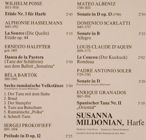 Mildonia,Susanna: Harfenmusik aus drei Jahrhunderten, Aristocrate(EA 27 001), D, 1974 - LP - L5864 - 7,50 Euro