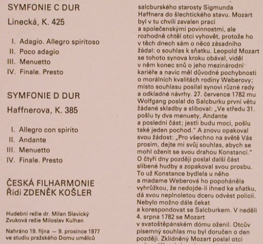 Mozart,Wolfgang Amadeus: Symfonie,Linecka,Haffnerova,k.425 Supraphon (1110 2806), CZ, 1980 Typ: LP Best.-Nr.: L5889 Preis: 6,00 Euro