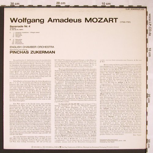Mozart,Wolfgang Amadeus: Serenade No.4 K.203, Club Ed., CBS (64004), NL, 1975 Typ: LP Best.-Nr.: L5910 Preis: 5,00 Euro