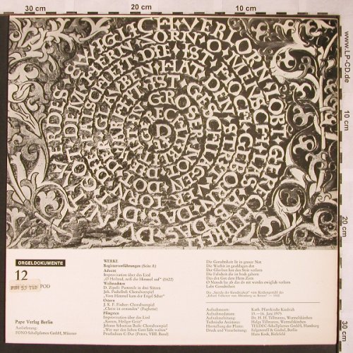 V.A.Kiedrich-Deutschl.Älteste Orgel: Registervorführungen u Werke alt.M., Pape Orgeldukumente (66.21084), D, 1975 Typ: LP Best.-Nr.: L6036 Preis: 12,50 Euro