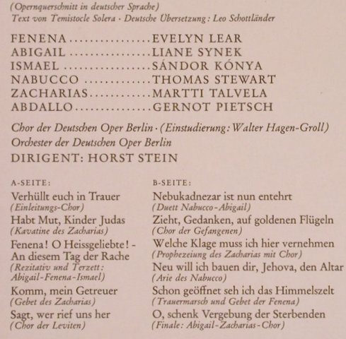 Verdi,Giuseppe: Nabucco-Querschnitt in deutsch, Deutsche Gramophon (136 426), D Typ: LP Best.-Nr.: L6302 Preis: 6,00 Euro