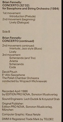 Palester,Roman / Brian Fennelly: Concertino for Alto Saxophon & Orch, ProViva/Intersound(ISPV 136), D m-/vg+, 1987 - LP - L6581 - 12,50 Euro
