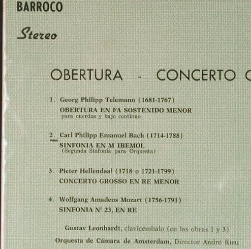 V.A.Obertura-Concerto Grosso-Sinfon: Telemann,Bach,Hellendaal,Mozart, Telefunken(SAWD 9440-B), Colombia,  - LP - L6588 - 6,00 Euro