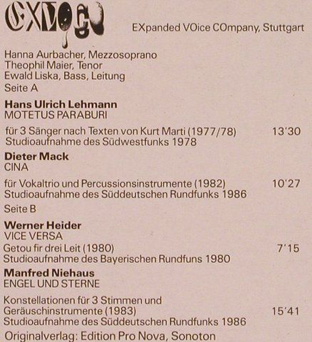 EXpanded VOice COmpany,Stuttgart: ExVoCo, Proviva (ISPV 146), D, m-/vg+, 1989 Typ: LP Best.-Nr.: L6665 Preis: 9,00 Euro