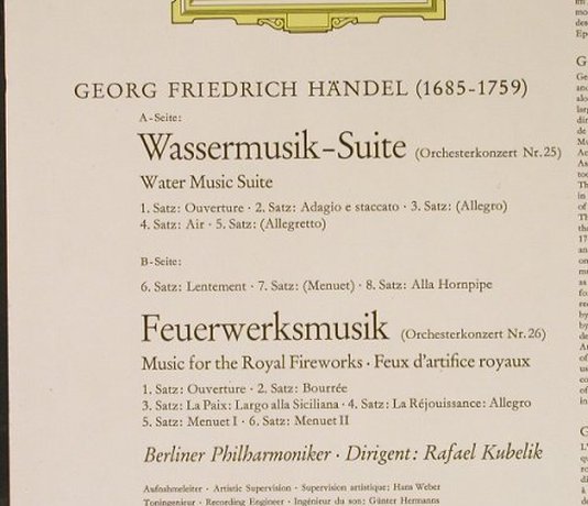 Händel,Georg Friedrich: Wassermusik-Suite/Feuerwerksmusik, Deutsche Gramophon(138 864), D, 1963 - LP - L6667 - 6,00 Euro