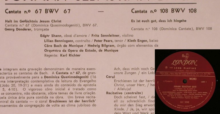 Bach,Johann Sebastian: Cantata No. 67 / Cantata No. 108, London (LLC 5242), Brasil, 1966 Typ: LP Best.-Nr.: L6694 Preis: 4,00 Euro