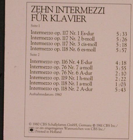 Brahms,Johannes: Zehn Intermezzi für Klavier (1961), CBS(CBS 61 979), D, 1980 - LP - L6784 - 5,00 Euro