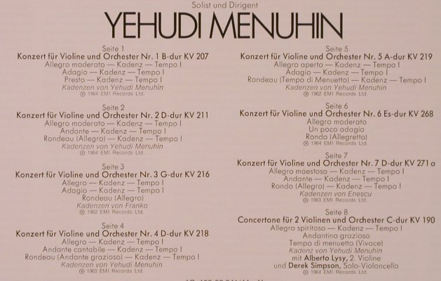 Mozart,Wolfgang Amadeus: Sämtliche Violinkonzerte, Box, EMI (C 153-52 341/44), D Typ: 4LP Best.-Nr.: L6814 Preis: 15,00 Euro
