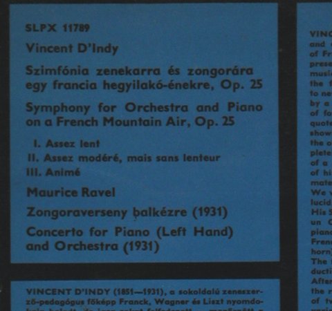 D'Indy,Vincent / Ravel: Symphony on a french Mountain Air, Hungaroton (SLPX 11789), H, 1977 Typ: LP Best.-Nr.: L6893 Preis: 12,50 Euro