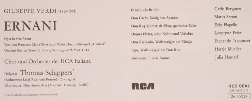Verdi,Giuseppe: Ernani, Box, RCA (26.35024), D, 1972 Typ: 3LP Best.-Nr.: L7034 Preis: 15,00 Euro