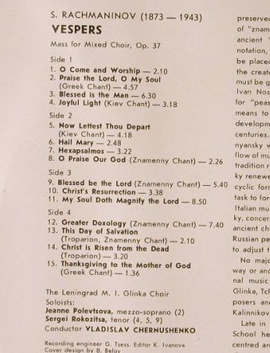 Rachmaninow,Sergej: Vespermesse op.37, Foc,rec.2 vg+, Melodia(C10 24467 009), UDSSR, 1986 - 2LP - L7073 - 6,00 Euro