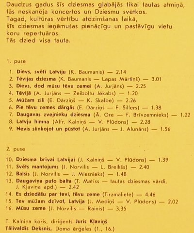 Dziesma Brivai Latvijai: cond. Juris Klavins (chorus), Melodia/SF Riga (C60 28709 009), , 1989 Typ: LP Best.-Nr.: L7107 Preis: 5,00 Euro