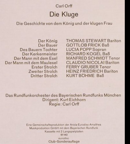 Orff,Carl: Die Kluge,Box,Club-Ed., m-/vg+, Eurodisc(61 140), D,  - 2LP - L7252 - 9,00 Euro