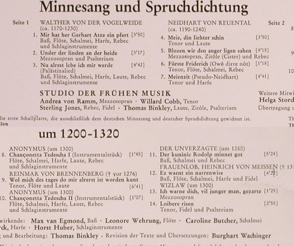 V.A.Musik und ihre Zeit: Minnesang uSpruchdichtung-1200-1320, Telefunken,Musterplatte(SAWT 9487-A), D,  - LP - L7260 - 7,50 Euro