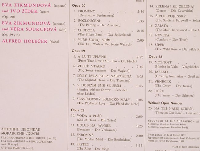 Dvorak,Antonin: Moravian Duets, Supraphon (1 12 1110), CZ, 1972 Typ: LP Best.-Nr.: L7357 Preis: 6,00 Euro