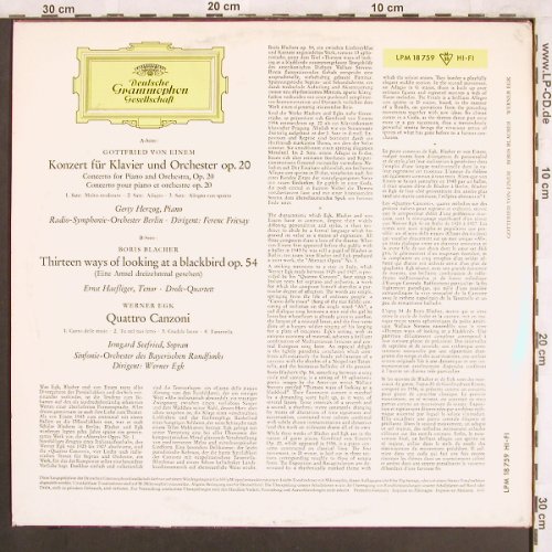 von Einem,Gottfried / Blacher / Egk: Konzert f.Klavier u.Orch,Eine Amsel, D.Gr.(LPM 18 759), D, Mono, 1962 - LP - L7397 - 15,00 Euro
