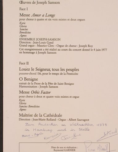 Samson,Joseph: Hommage A J.S., Foc, Maitrise De La Cathedral (ORdG 30478), F, woc, 1977 Typ: LP Best.-Nr.: L7484 Preis: 7,50 Euro