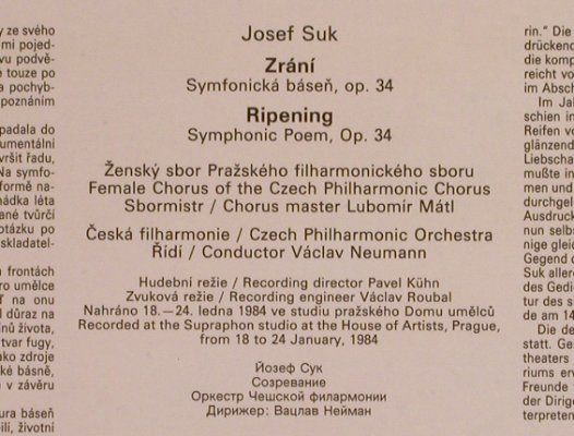 Suk,Josef: Zrani / Ripening, Supraphon(1110 3640 ZA), CZ,vg+/m-, 1985 - LP - L7772 - 5,00 Euro