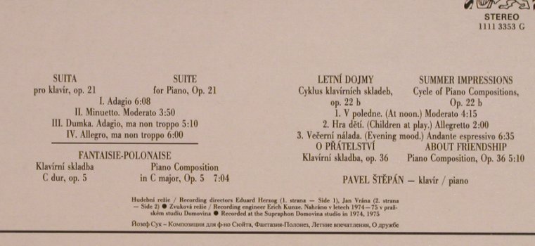 Suk,Josef: Piano Works Vol.2, Supraphon(1111 3353 G), CZ, 1984 - LP - L7773 - 7,50 Euro