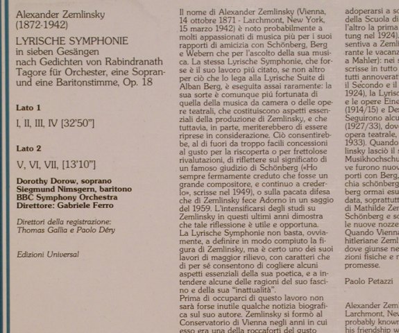Zemlinsky,Alexander von: Lyrische Symphonie, fonit Cetra Italia (ITL 70048), I, 1978 Typ: LP Best.-Nr.: L8018 Preis: 9,00 Euro