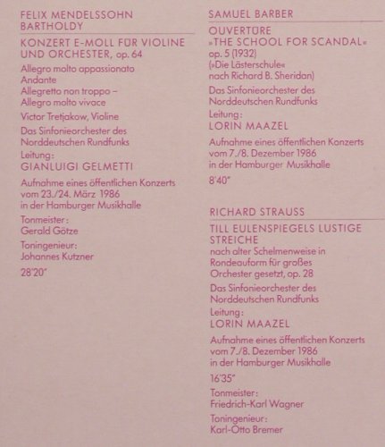 Mendelssohn,Felix /Barber/Strauss: Violinkonzert e-moll/Ouvertüre Scho, NDR(66.24374), D, 1987 - LP - L8051 - 12,50 Euro