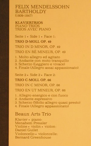 Mendelssohn Bartholdy,Felix: 2 Klaviertrios  -  Beaux Arts Trio, Philips(6570 885), NL,Ri 1967,  - LP - L8130 - 6,00 Euro