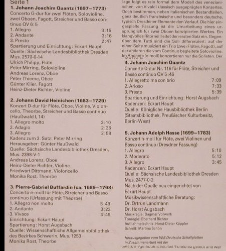 V.A.Flötenkonzerte a.SächsischenHof: Quantz, Heinichen, Buffardin,Hasse, Eterna (7 25 129), DDR,m-/vg+, 1988 Typ: LP Best.-Nr.: L8269 Preis: 5,00 Euro