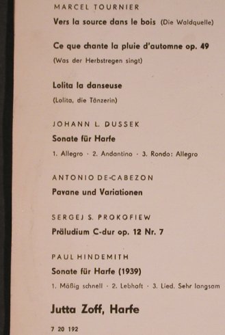 V.A.Musik für Harfe: gespielt von Jutta Zoff, vg+/vg+, Eterna(7 20 192), DDR, 1964 - 10inch - L8287 - 7,50 Euro