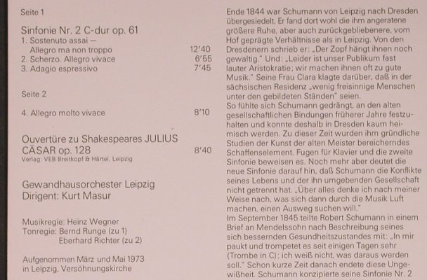 Schumann,Robert: Sinfonie Nr.2 c-dur op.61, op.128, Eterna (8 26 490), DDR, 1975 Typ: LP Best.-Nr.: L8313 Preis: 6,00 Euro