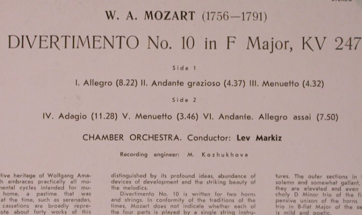 Mozart,Wolfgang Amadeus: Divertimento No.10 F Major, KV 247, Melodia(33 C 10-09515-1), UDSSR,  - LP - L8528 - 7,50 Euro