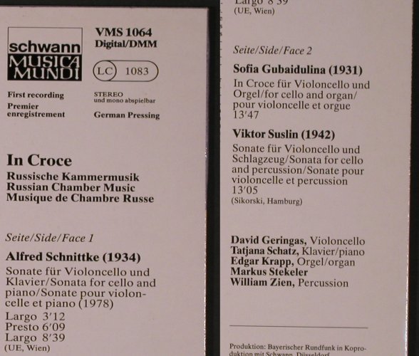 V.A.In Croce: Schnittke, Gubaidulina, Suslin, Schwann Musica Mundi (VSM 1064), D, 1987 Typ: LP Best.-Nr.: L8536 Preis: 14,00 Euro