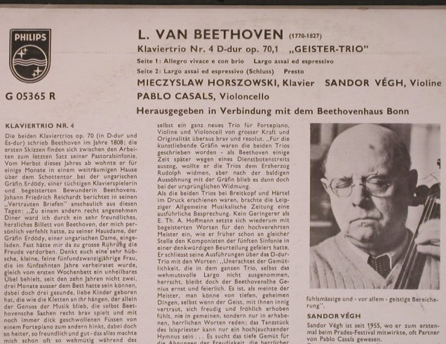 Beethoven,Ludwig van: Klaviertrio Nr.4 D-dur op.70, Philips(G 05365 R), D,  - 10inch - L8579 - 9,00 Euro