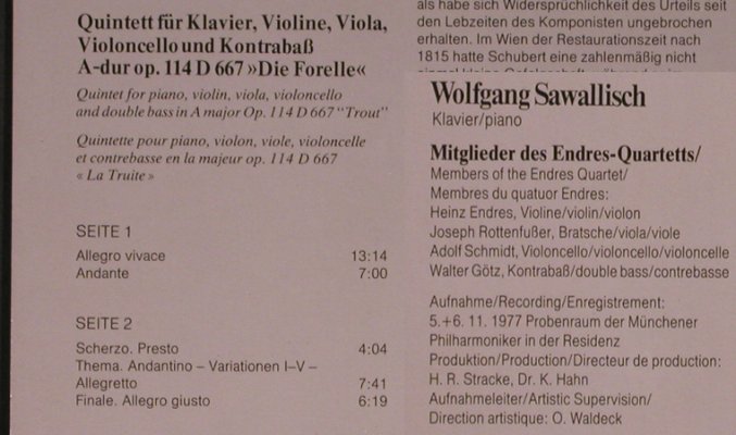 Schubert,Franz: Forellen-Quintett A-dur, Parnass (66 926 7), D, 1978 Typ: LP Best.-Nr.: L8601 Preis: 6,00 Euro