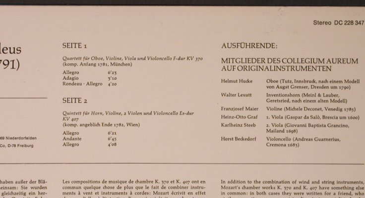 Mozart,Wolfgang Amadeus: Oboenquartett F-dur,Hornq.kv370,407, BASF/Harmonia Mundi (DC 228 347), D, 1976 Typ: LP Best.-Nr.: L8664 Preis: 5,00 Euro