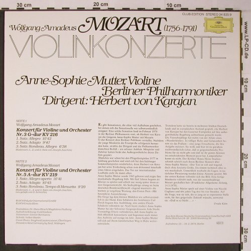 Mozart,Wolfgang Amadeus: Violinkonzerte Nr.3 G-dur&Nr5 A-dur, Deutsche Gramophon (34 835 9), D,Club Ed., 1978 Typ: LP Best.-Nr.: L8928 Preis: 6,00 Euro