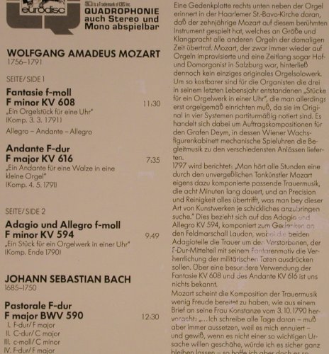 Mozart,Wolfgang Amadeus / J.S.Bach: Fantasie f-moll/minor KV 608, Eurodisc(200 212-366), D, 1978 - LPQ - L8996 - 6,00 Euro