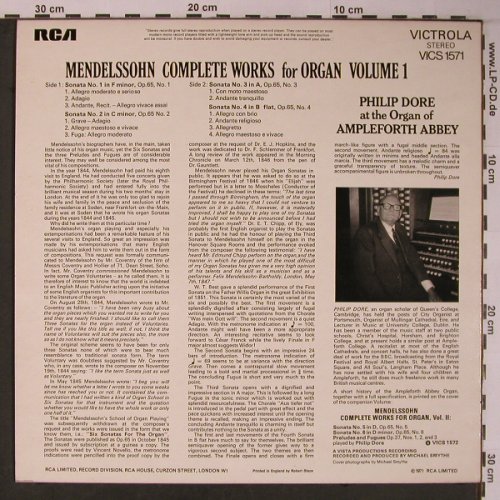 Mendelssohn Bartholdy,Felix: Complete Works for Organ Vol.1, RCA Victrola(VICS 1572), UK, 1971 - LP - L9019 - 7,50 Euro